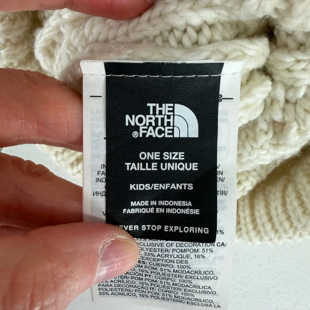 The North Face Kids OS Beanie Cable Knit Faux Fur Pom Pom Cream Hat NF0A7WFL
